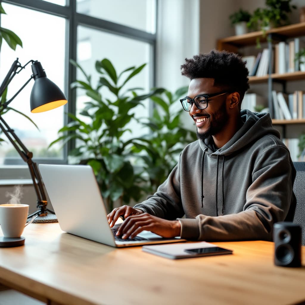 AI generated: A young nigerian tech bro in his modern home office, working on a sleek laptop. He wears stylish eye...