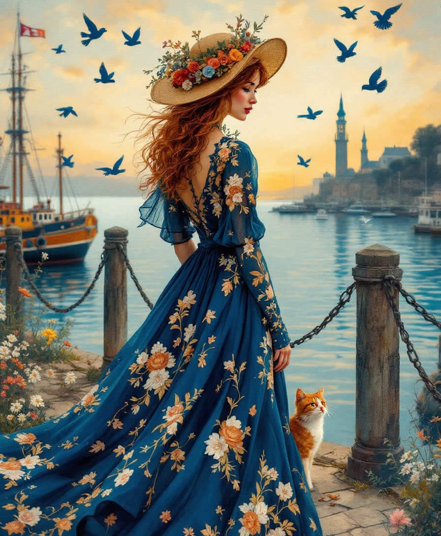 AI generated: Whimsical woman standing by the harbour, wearing a flowing deep sapphire blue dress with golden flor...