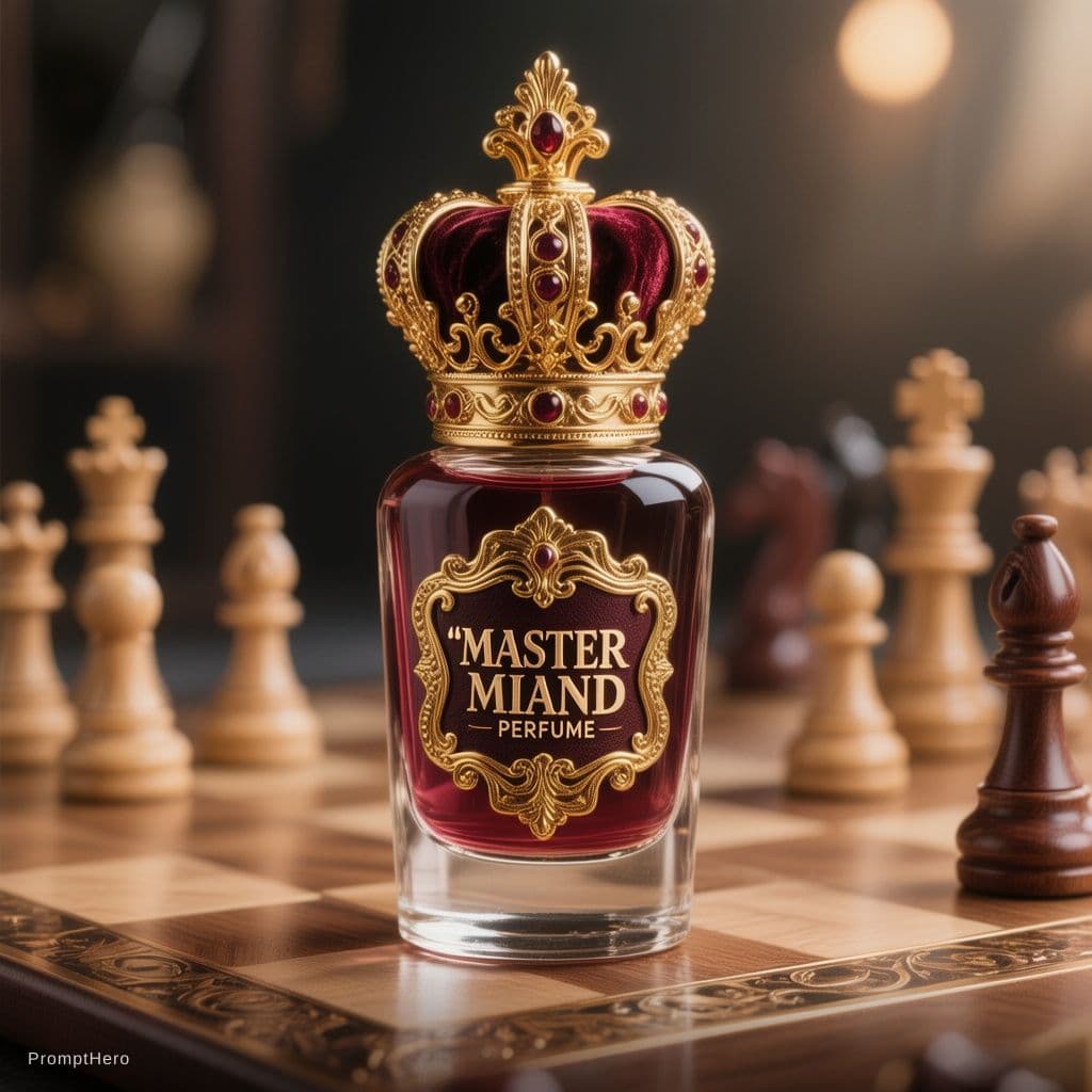 AI generated: A luxury perfume bottle designed to look like a regal queen chess piece. The main body of the bottle...