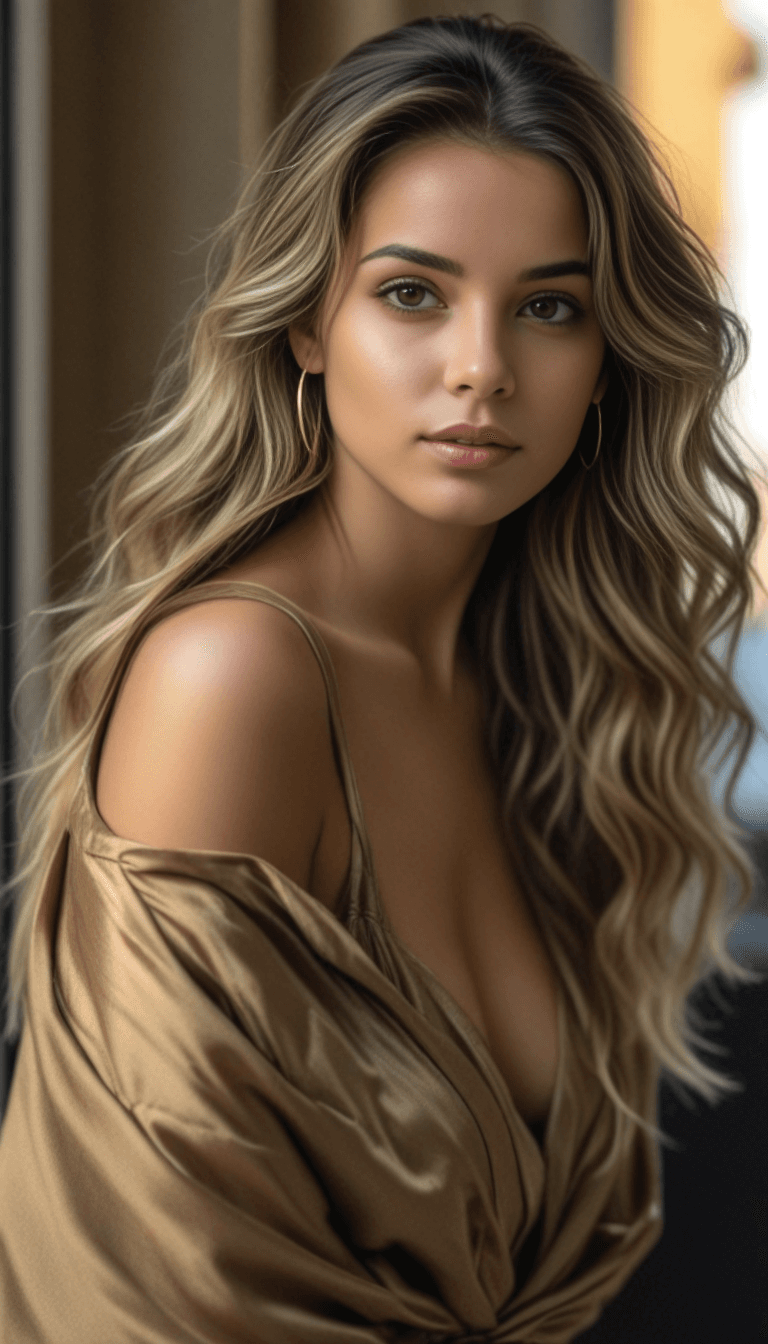 AI generated: A woman with long, wavy hair sits or stands near a window, illuminated by soft natural light. She we...