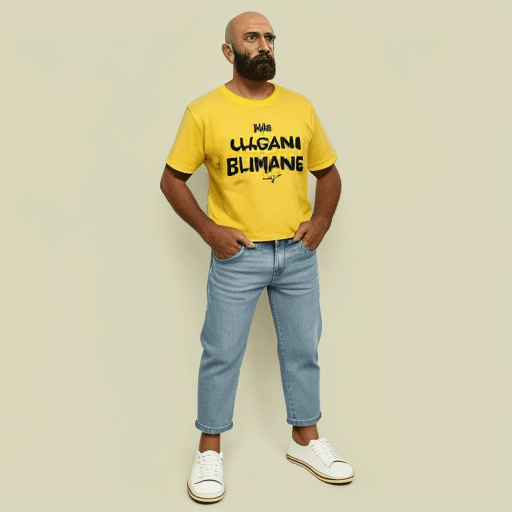 AI generated: Um homem careca de cavanhaque de pele marrom no estilo simpsons com blusa Blanca e calça jeans e sap...