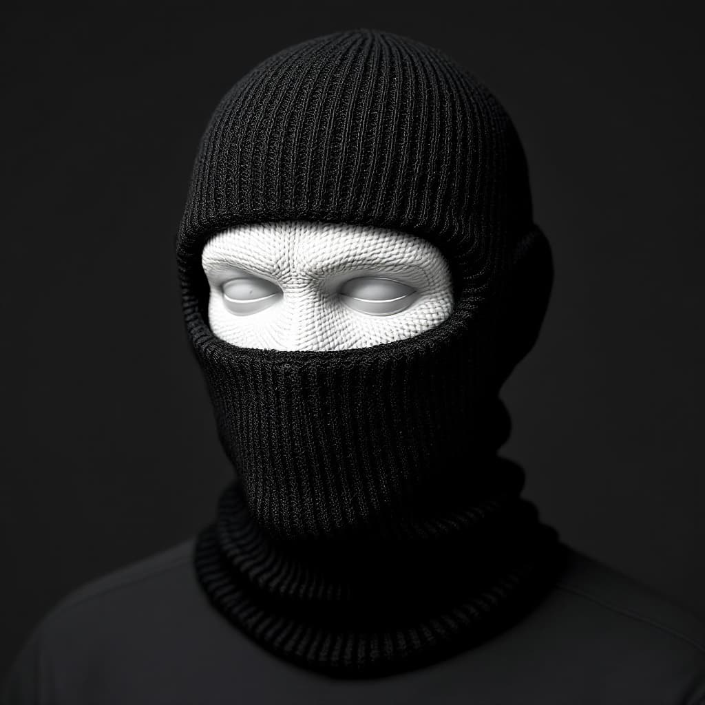 AI generated: a black ribbed knit skimask, 3 holes, white chimpface knitted in it

