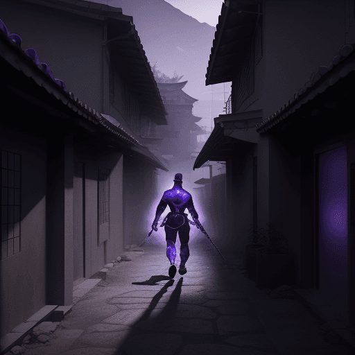 AI generated: Male ninja on a inflitration mission inside a village, dramatic lighting, ink style, purple and blue...