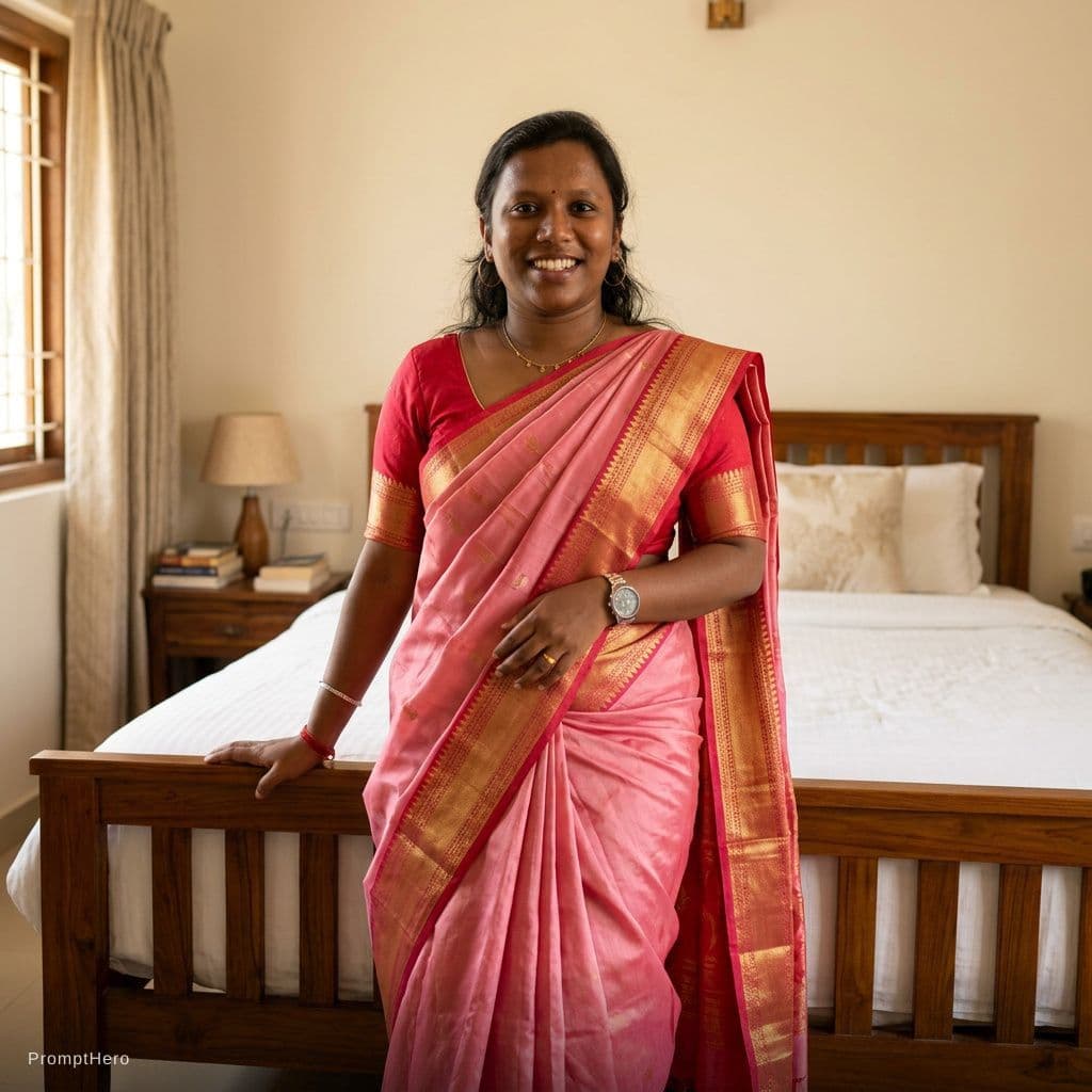 AI generated: This girl wearing pink saree and red blouse and standing in bedroom 
