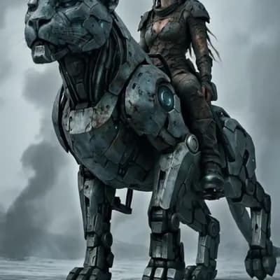 AI generated video: Full-body, low angle from ground (~20 cm, 2–4 m distance). Thor Katla (she/her), an alien female war...