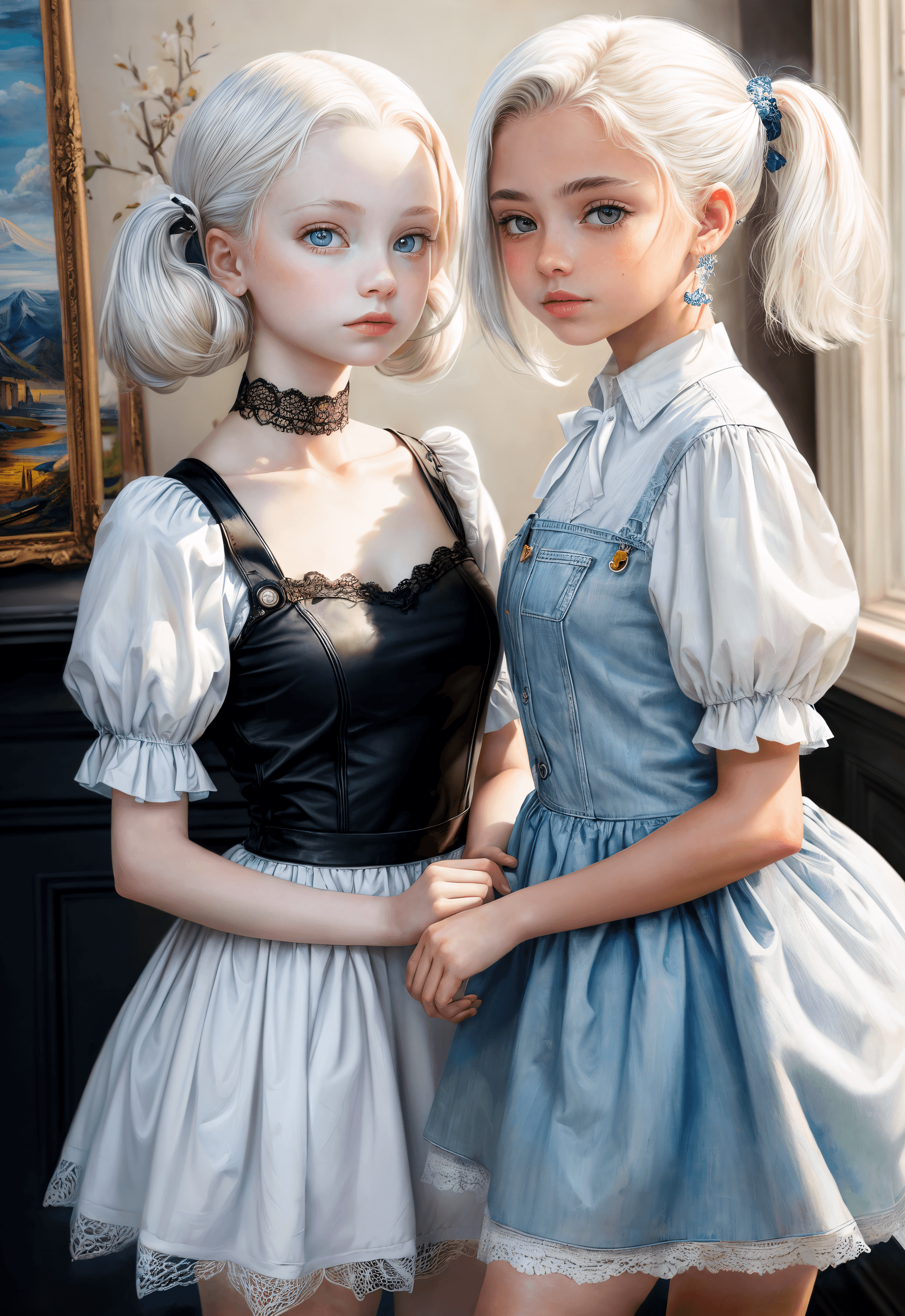 AI generated: (masterpiece , highest quality:1.3) , Duo, (elegant oil painting of Young loli albino girls in style...