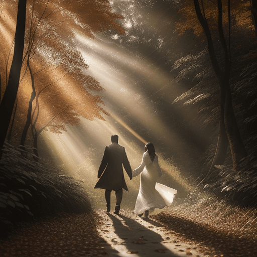 AI generated: Autumnal forest embracing a serpentine road made by a dragon, sunrays piercing through the dense can...