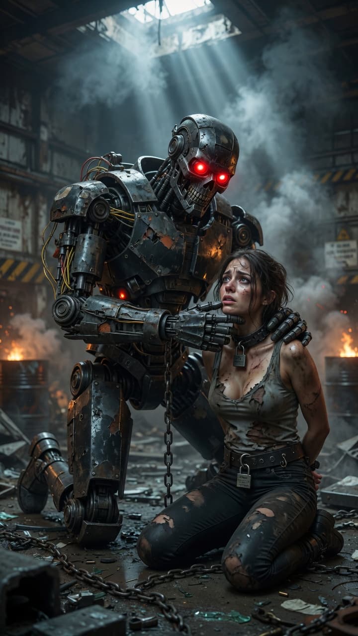 AI generated: A cinematic, hyper-realistic scene in a dark, dystopian post-apocalyptic setting filled with smoke, ...