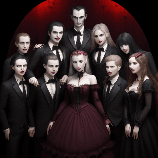 AI generated: photo with 7 vampires and in the middle there is a girl. the 7 vampires want to dance with the girl.