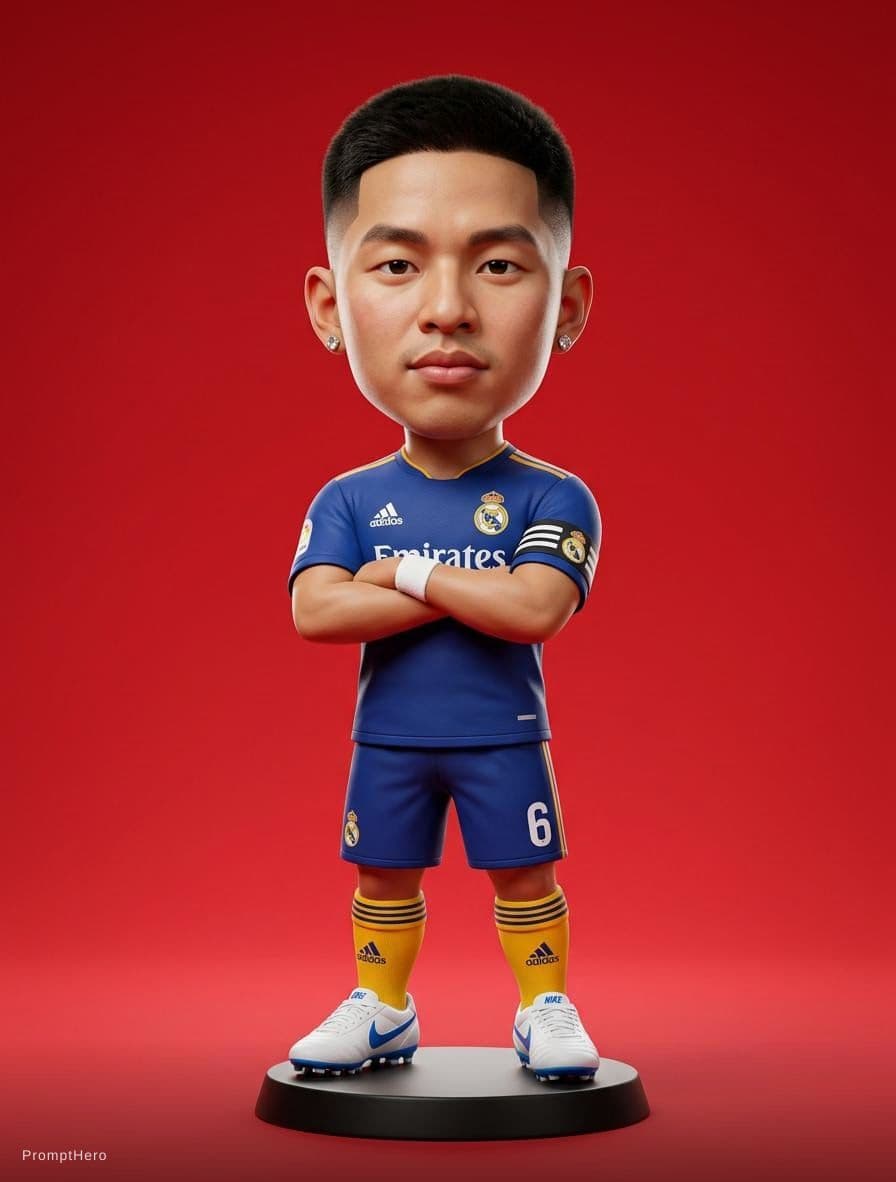 AI generated: 3D rendered caricature figurine of Rohan, big head chibi style, wearing Realmadrid blue Adidas footb...