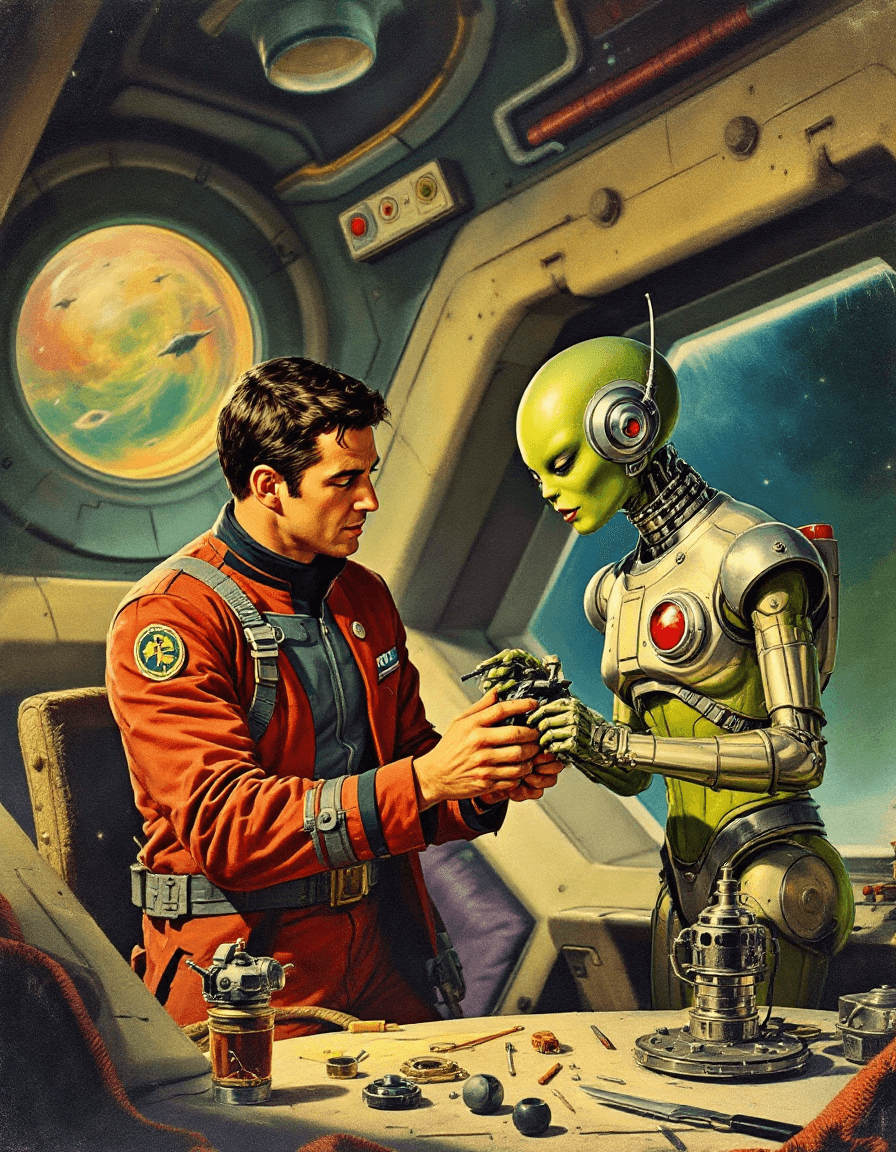AI generated: A vintage pulp cover showing a space alien fixing a robot, with one man wearing a red and grey unifo...