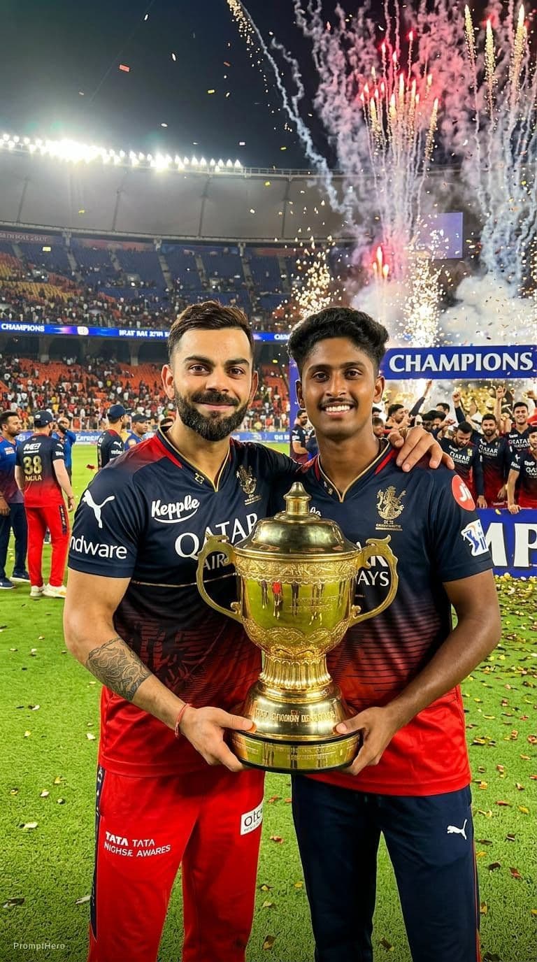 AI generated: Combine these two photos and make me to stand beside virat kohli with the ipl cup. Make virat giving...