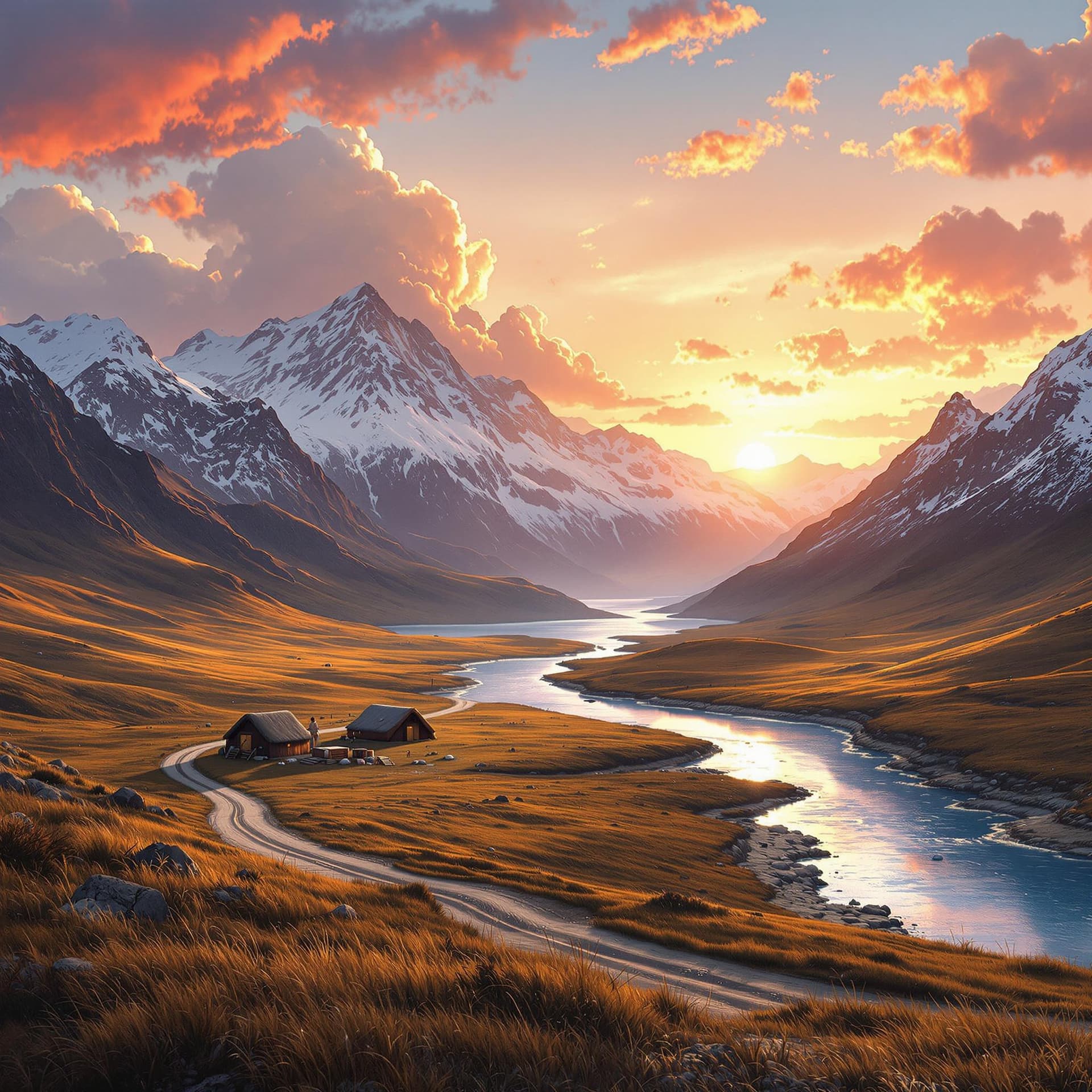 AI generated: A landscape formed by a river in a valley flowing between snowy mountains.
The sky is painted in hue...