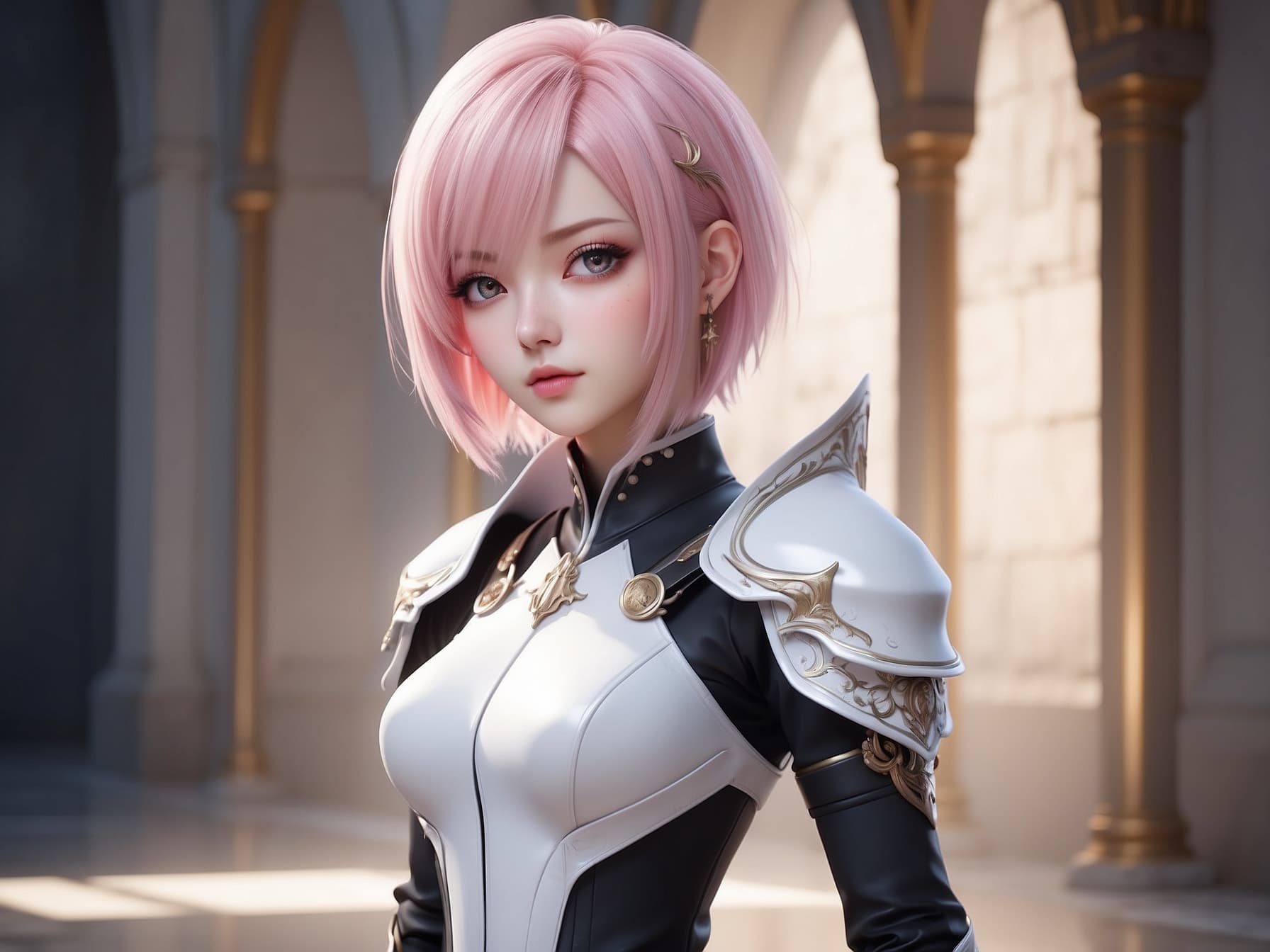AI generated: High spec beautiful girl, light pink hair color, short hair, female emperor, pink eyes, Final Fantas...