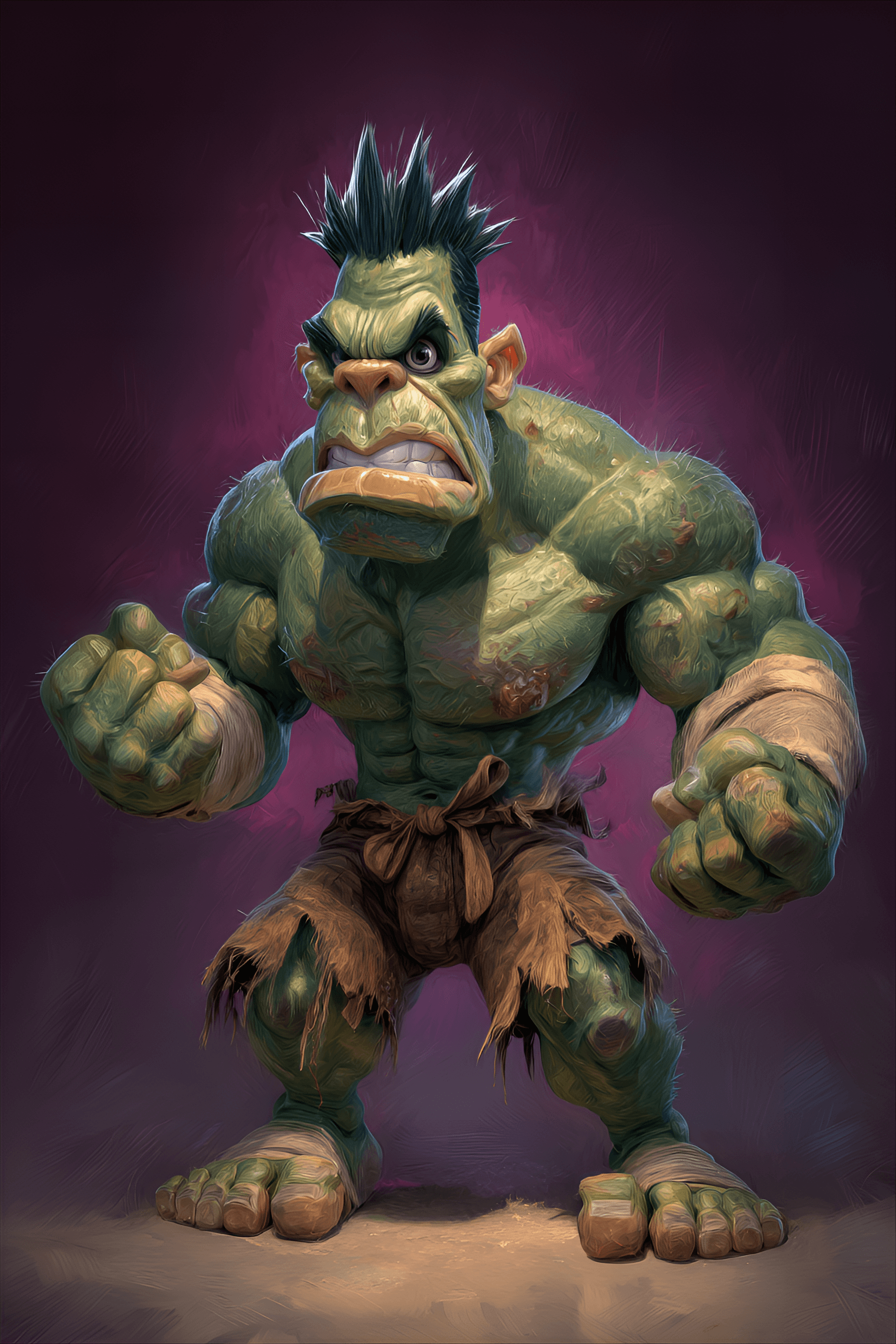 AI generated: funny caricature, hulking green monster, male, 40 years old, green skin, spiky hair, muscular build,...