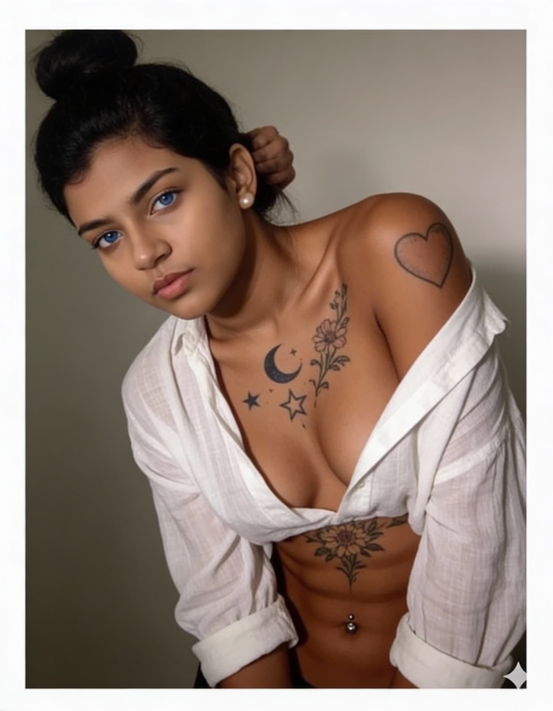 AI generated: Date night with a beautiful instagram influencer. She has electric blue eyes, dark hair, very natura...