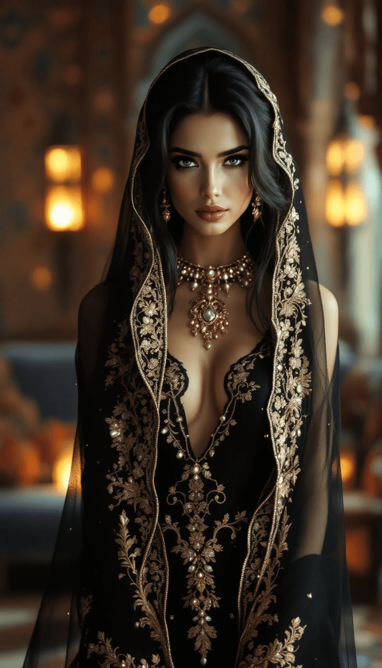 AI generated: /imagine prompt: An incredibly beautiful Arabian woman with striking black eyes and long dark hair, ...