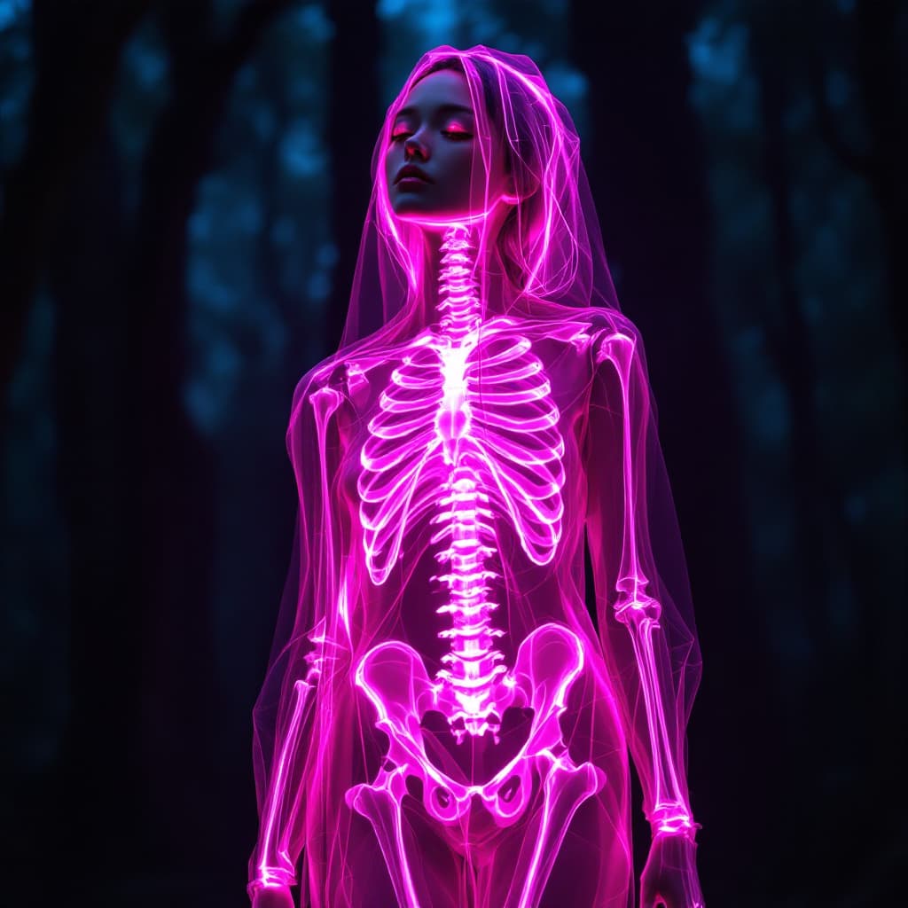 AI generated: full body shot of an Japanese woman with transparent skin, glowing pink neon skeleton visible throug...