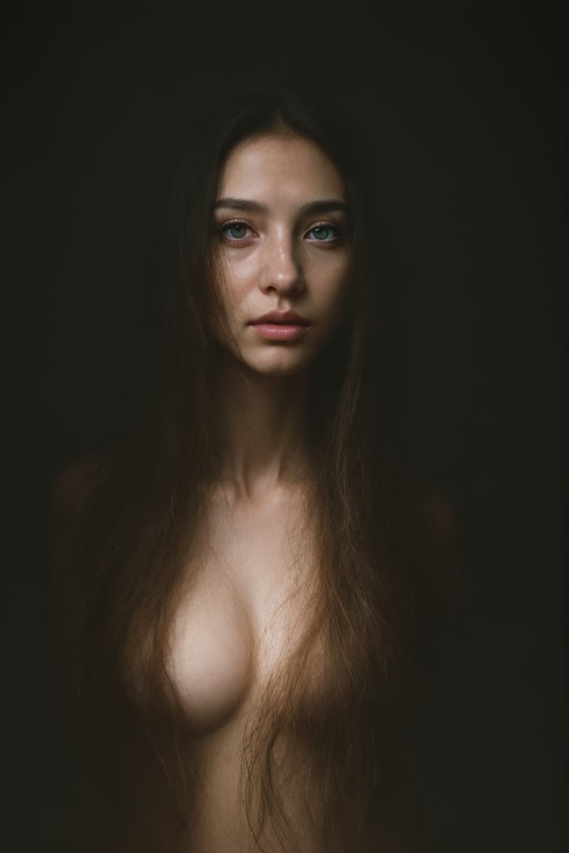 AI generated: a young ethereal woman with flowing long (messy:1.1) golden hair that (cover:1.3) her breasts, eyes ...