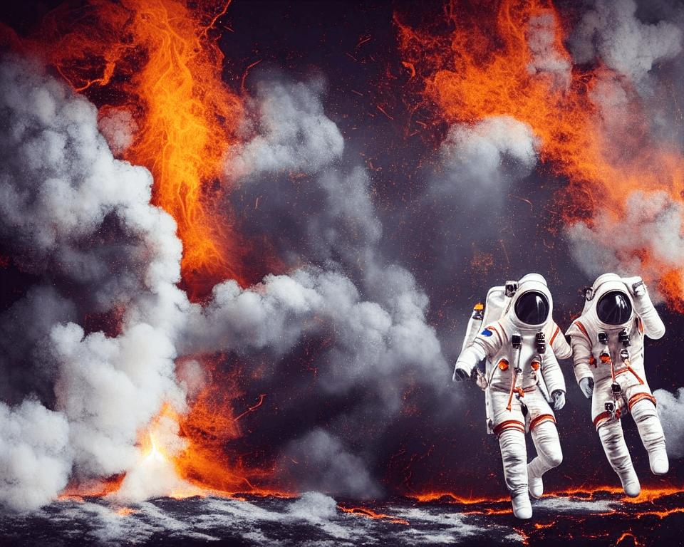 AI generated: two   white suited astronauts are  running wild in a futuristic smoky corridor in a spaceship. explo...