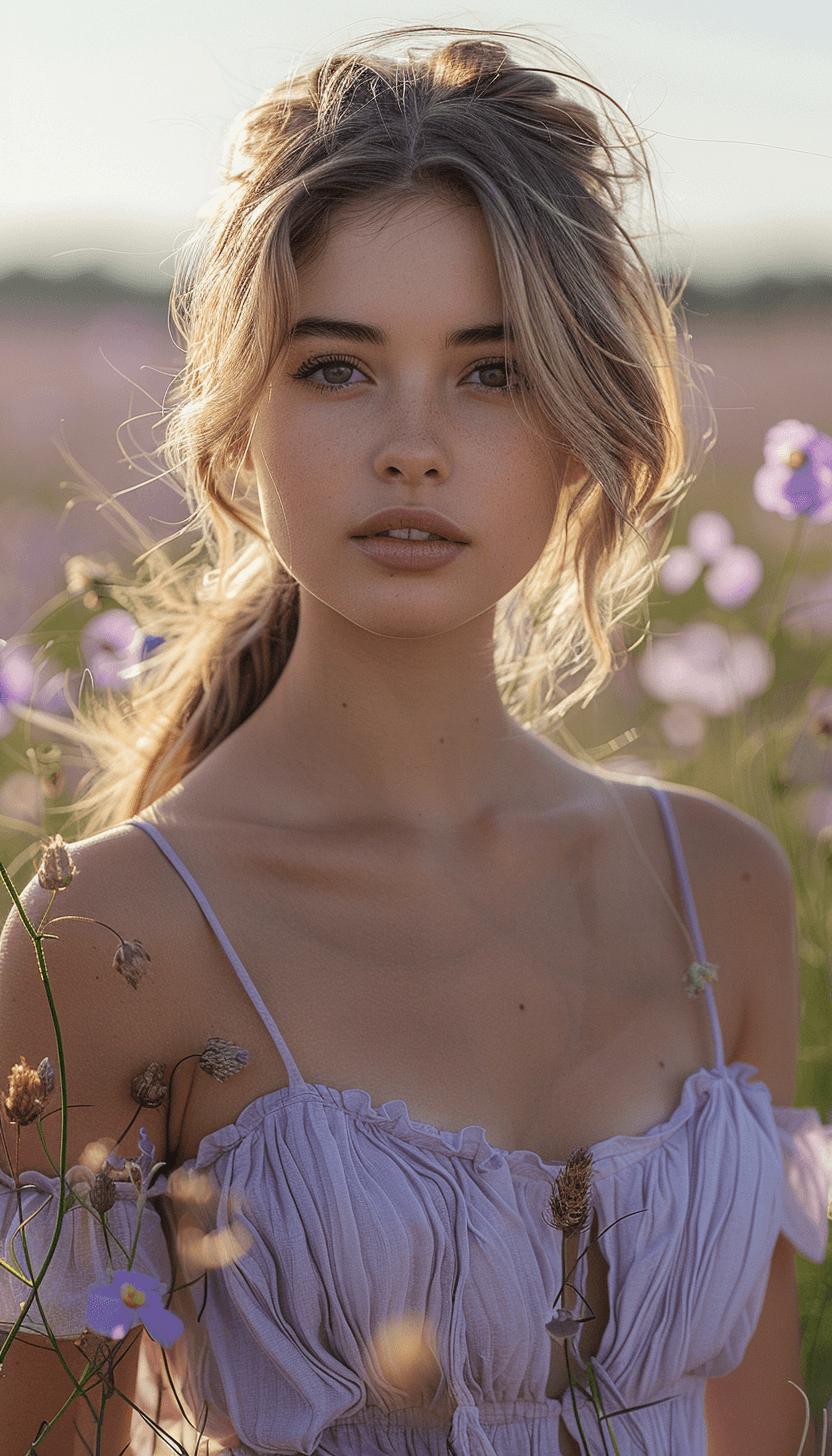 AI generated: A beautiful girl in a lavender dress, in the middle of a field full of purple flowers, with sunset l...