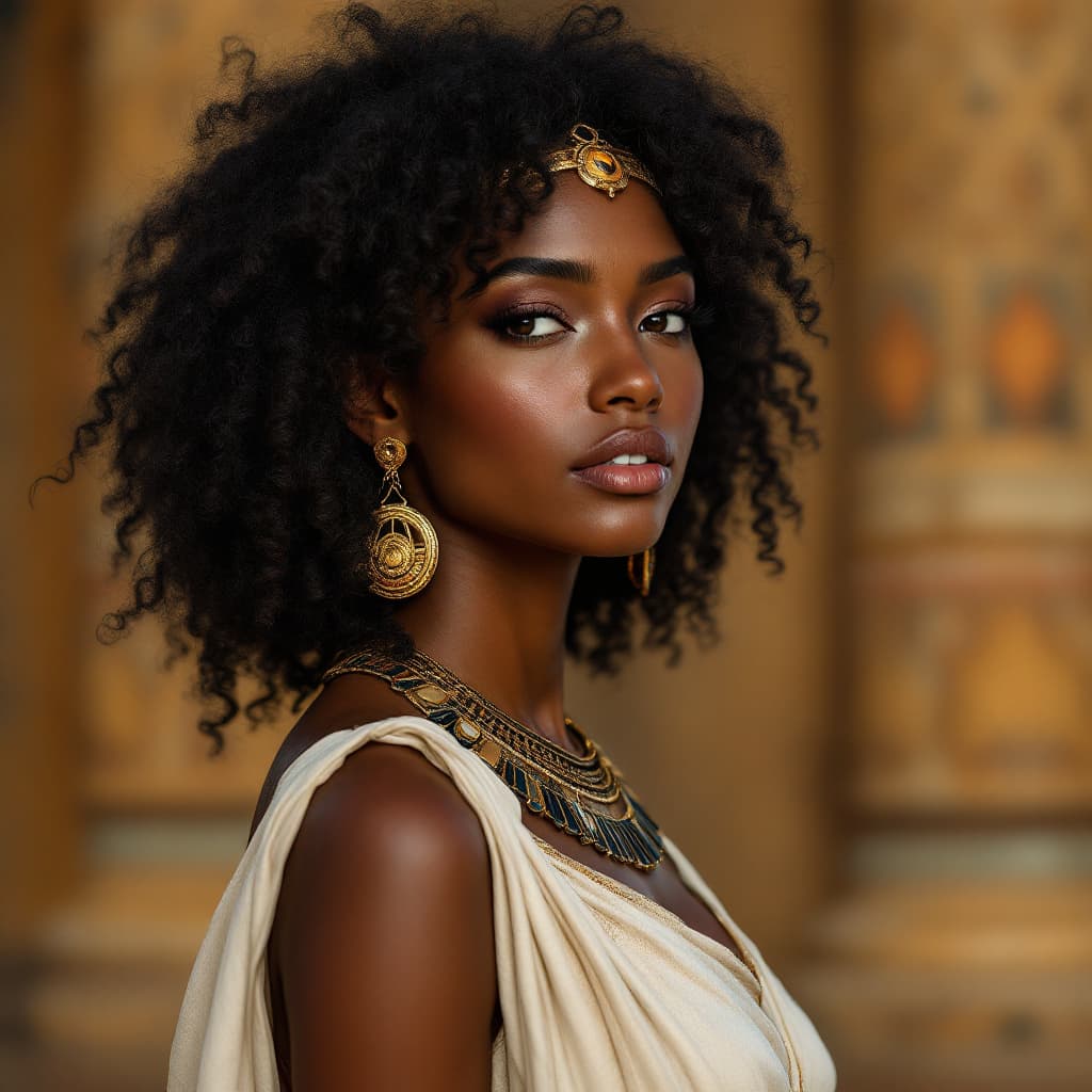 AI generated: A beautiful brown skinned ancient Egyptian goddess with curly black hair