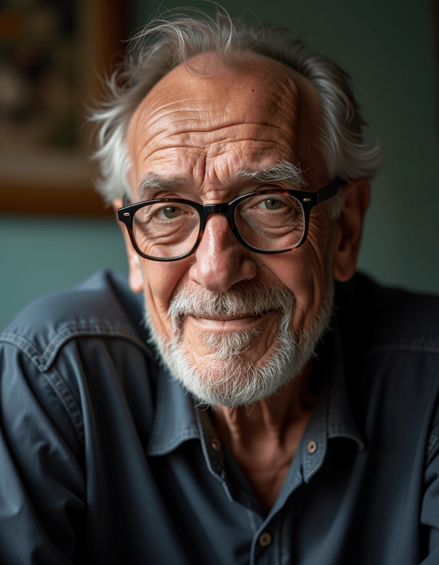AI generated: old man with glasses portrait, photo, 50mm, f1.4, natural light, Pathéchrome