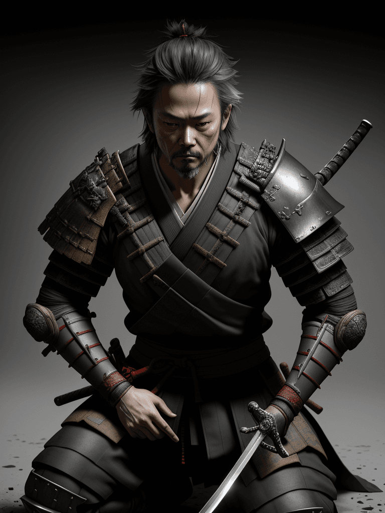 AI generated: 12th-century samurai in the style of Yoji Shinkawa, looking straight ahead, kneeling and holding a s...