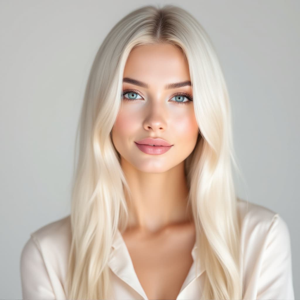 AI generated: A 26-year-old American woman with platinum blonde long straight hair, oval face shape, flawless skin...