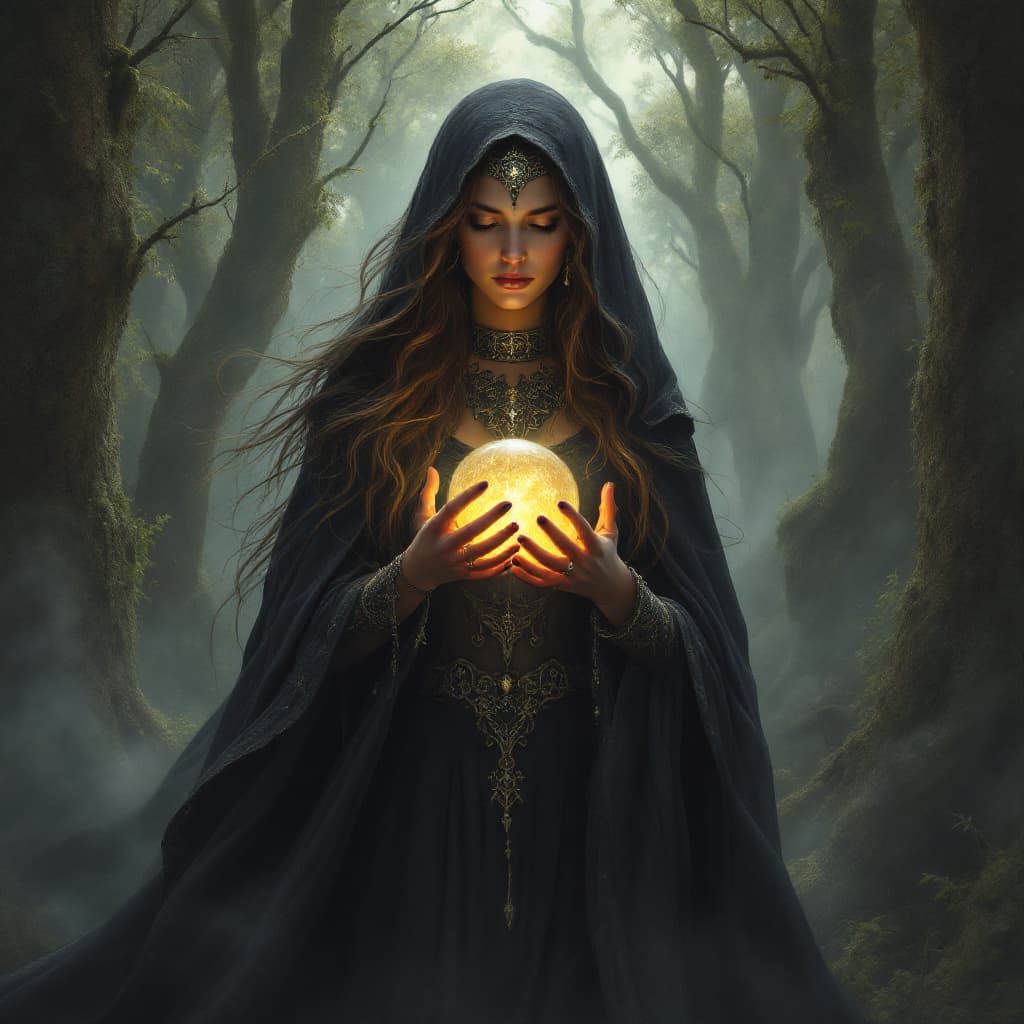 AI generated: A regal female figure in a dark cloak standing in front of an ancient forest, holding a glowing orb,...