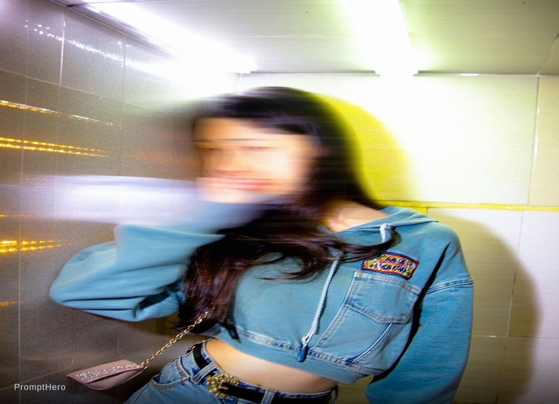 AI generated: a lo-fi 2010s-era, diagonally taken, low-quality iPhone photo of baddie. The shot is imperfect — gra...
