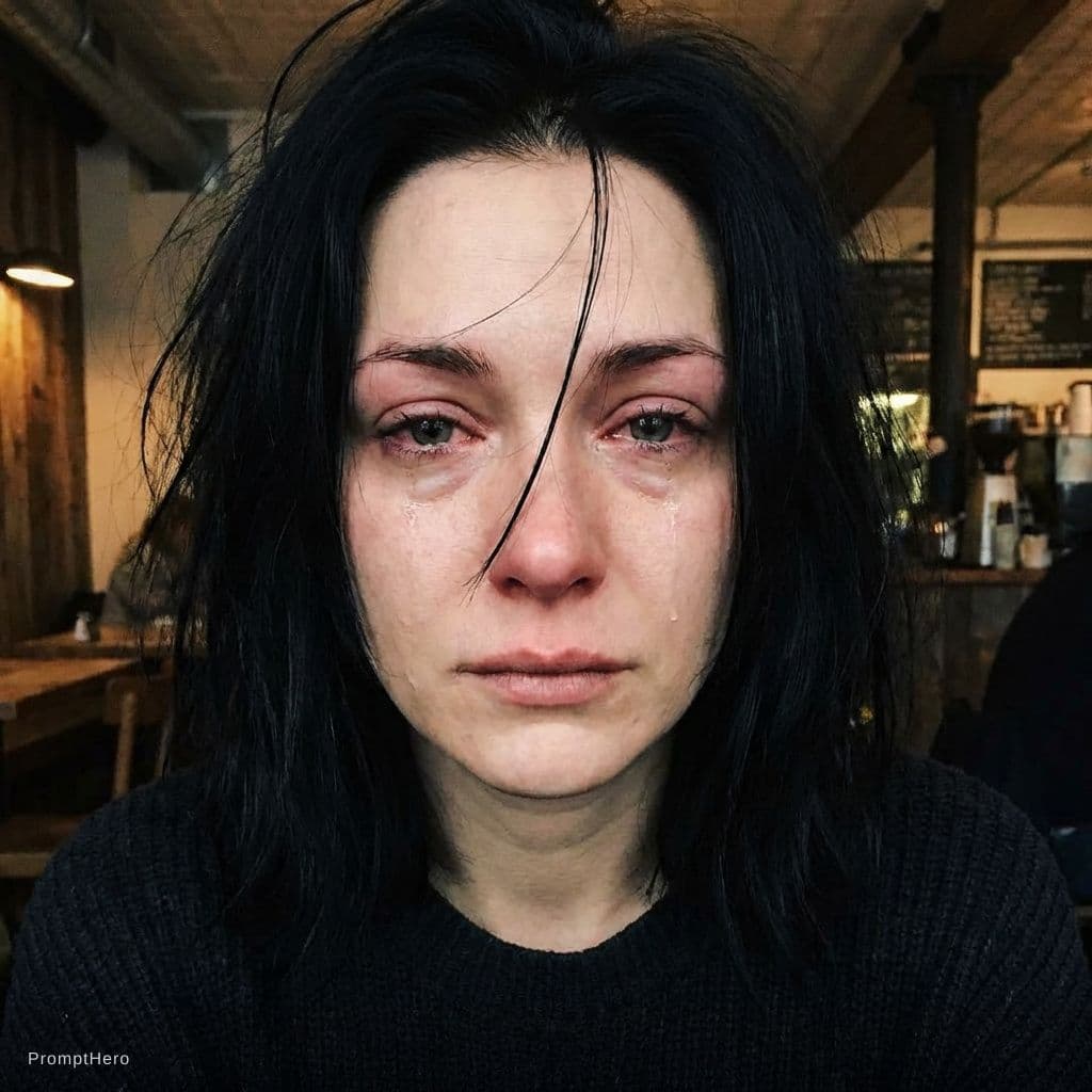 AI generated: A woman with eyes slightly reddened by tears gently streaming down her cheeks, with a few strands of...