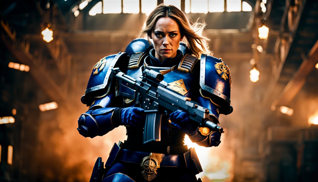 AI generated: Cinematic intricate photograph, 8k, Emily Blunt as a devout sister of battle, battle stance, scene f...
