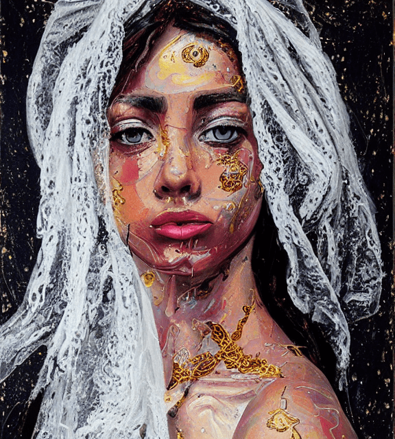 AI generated: Oil painting, high resolution 8k, Pollock master painter, Byzantine artwork, 
young black lady close...