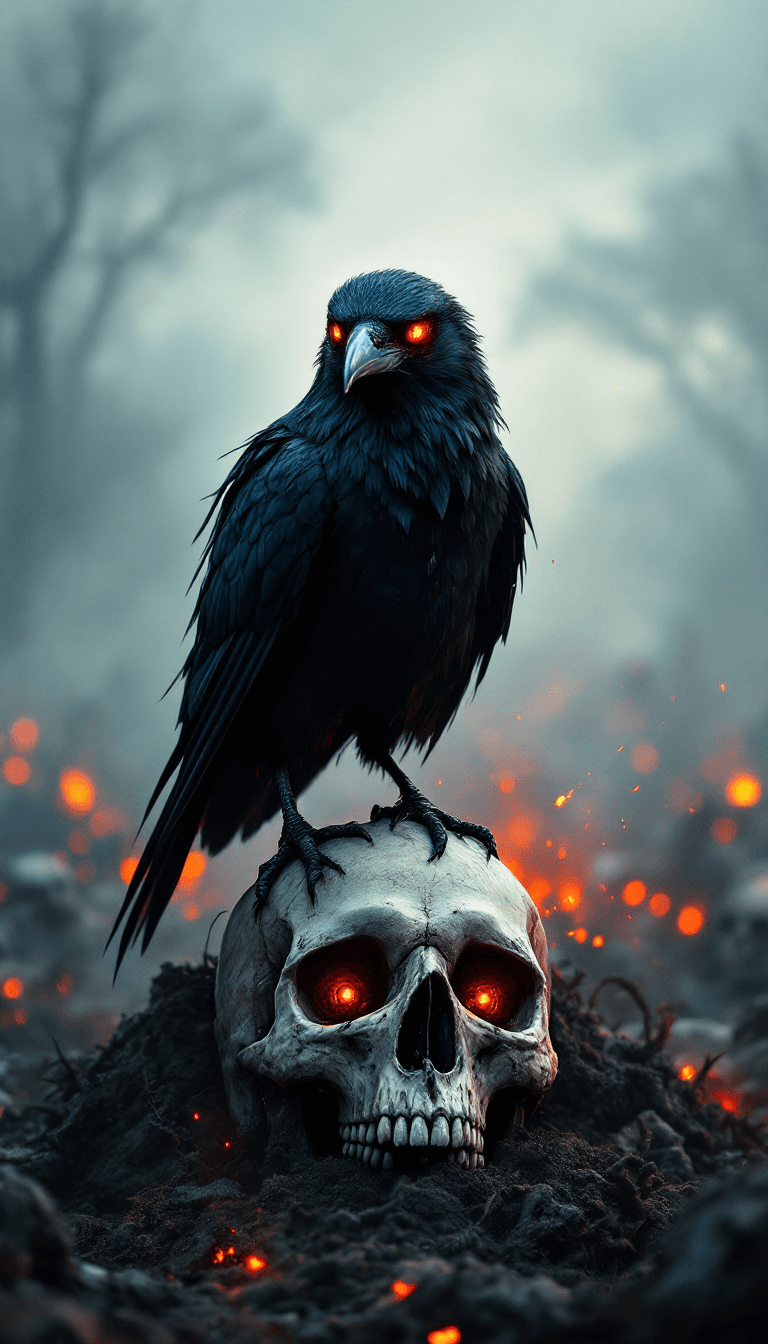 AI generated: A black raven with 6 red eyes looking at  viewer, standing  on skull, black feather, on  medieval ba...