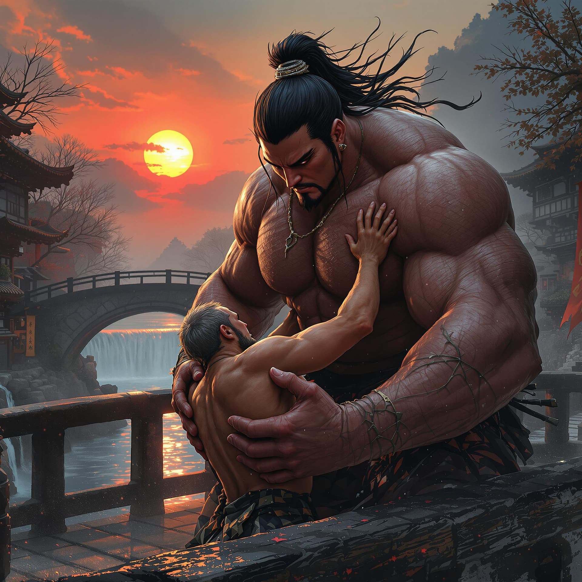 AI generated: Female, Girl Japanese female Samurai. She is massive muscular female heavy weight bodybuilder with a...