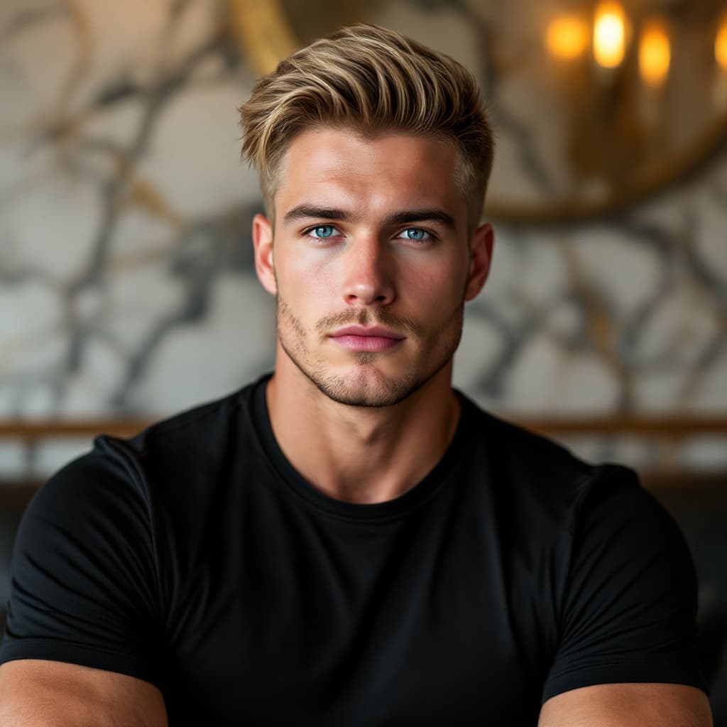 AI generated: Professional portrait of a 25-year-old white American man, golden blonde fade cut, broad shoulders, ...