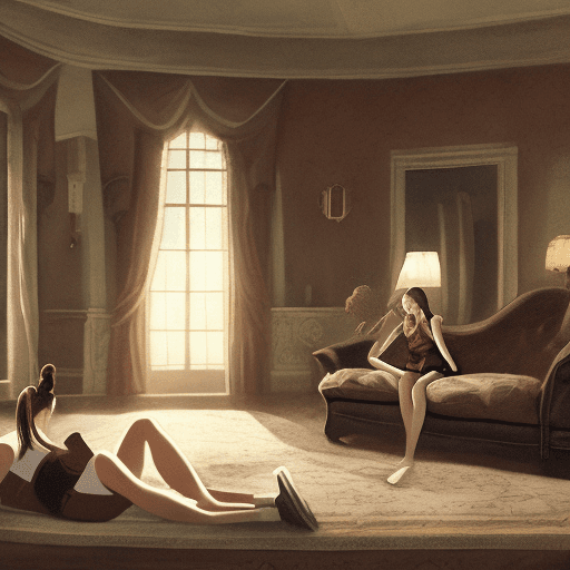 AI generated: 15 year old girl, tank top, lying down on a sofa in a mansion, servants standing around her, extreml...