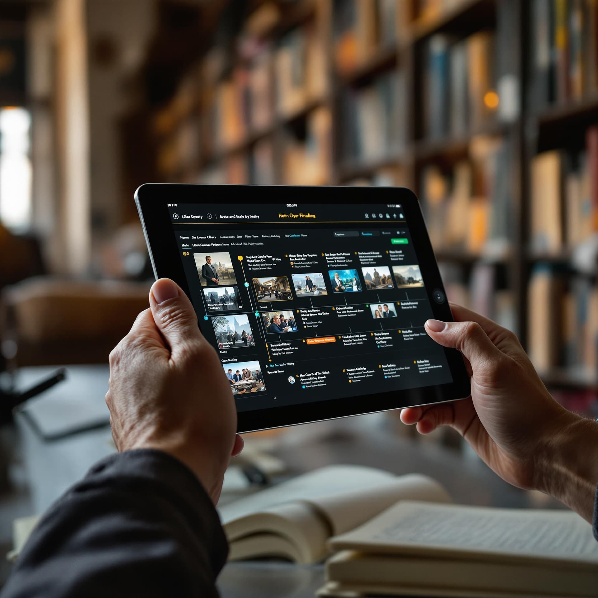 AI generated: A captivating image of a person exploring a historical archive, with a tablet displaying a timeline ...