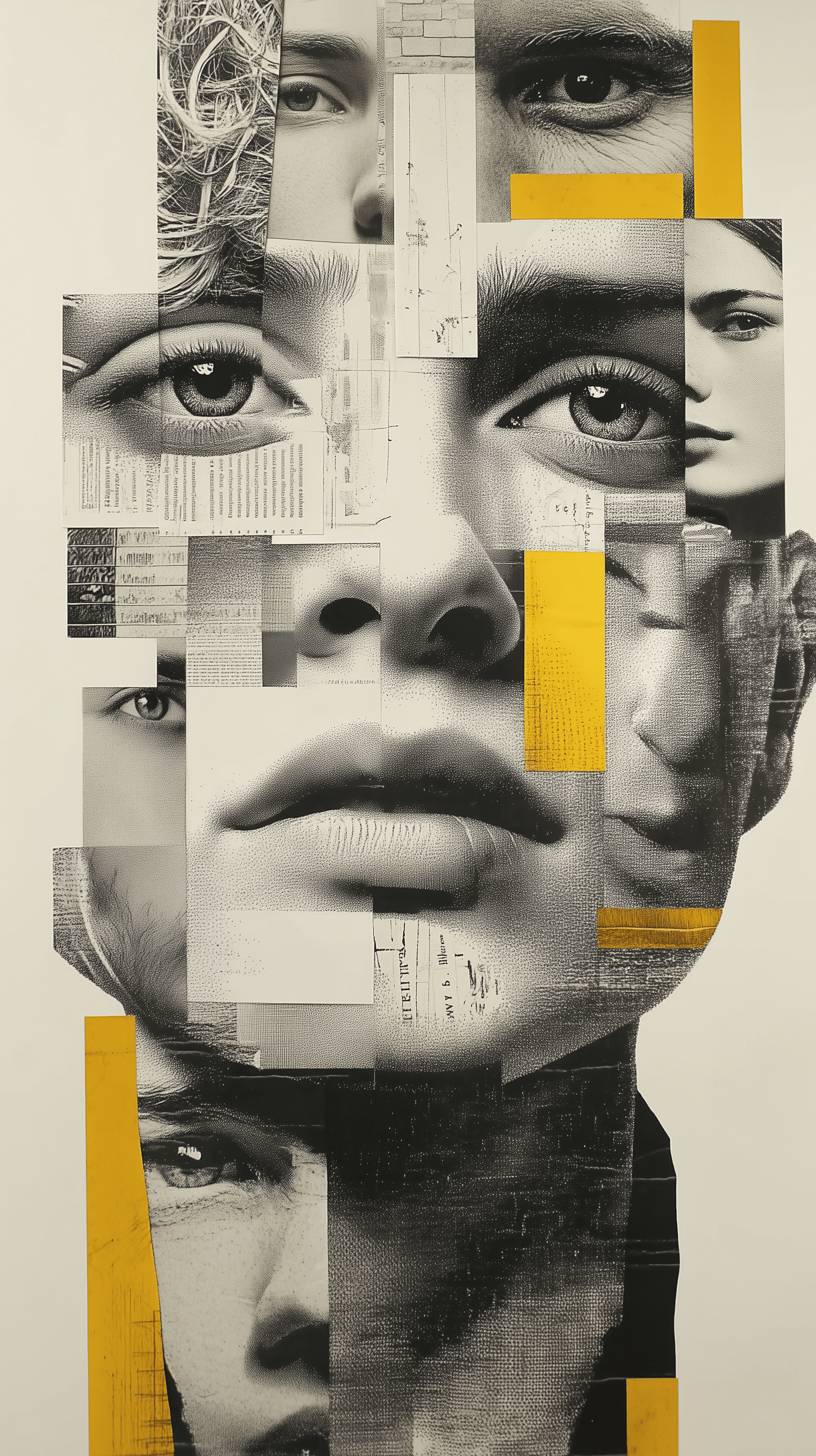 AI generated: contemporary collage poster, centered stacked composition, mixed-media photo, composite portrait ass...