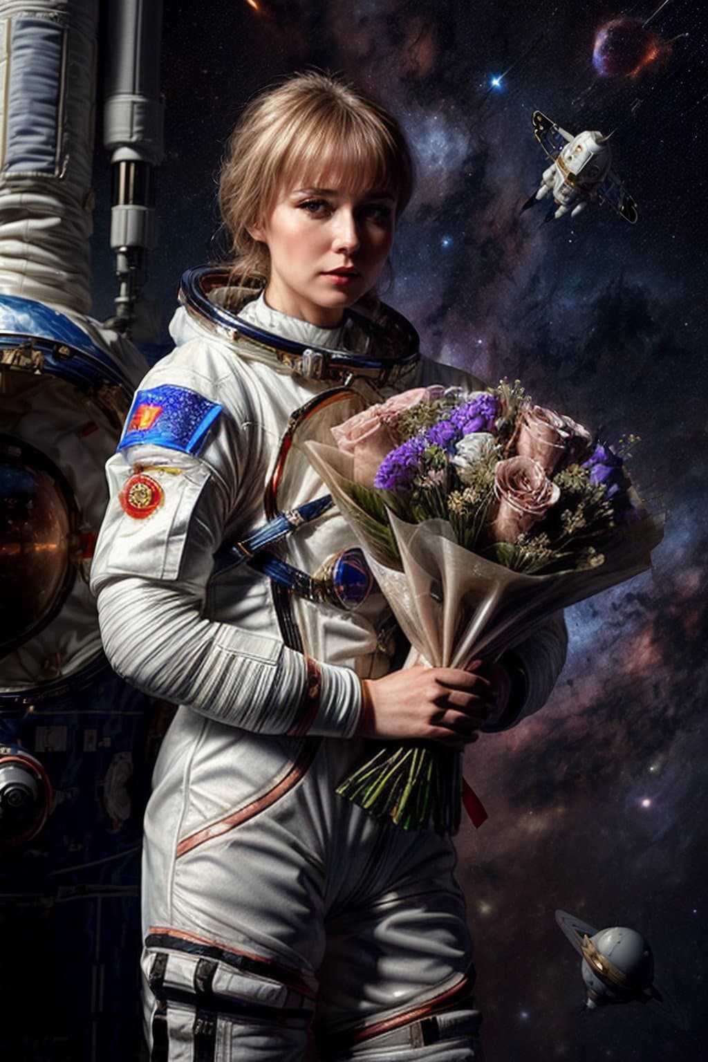AI generated: (a russian woman in a space suit:1.3) (holding a bouquet of flowers:1.2), by Ross Tran, space art, c...