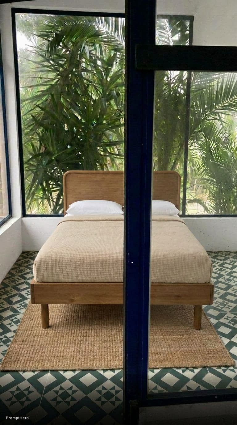 AI generated: add this bed on the right corner with the bed head touching the window. 
