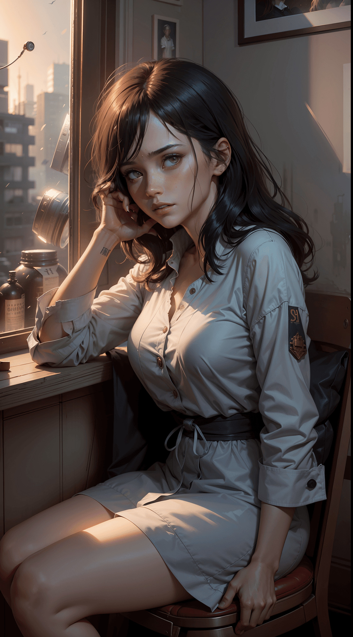 AI generated: a girl, sitting in her messy room, in a room full of pots and trees, full moon in the background. by...