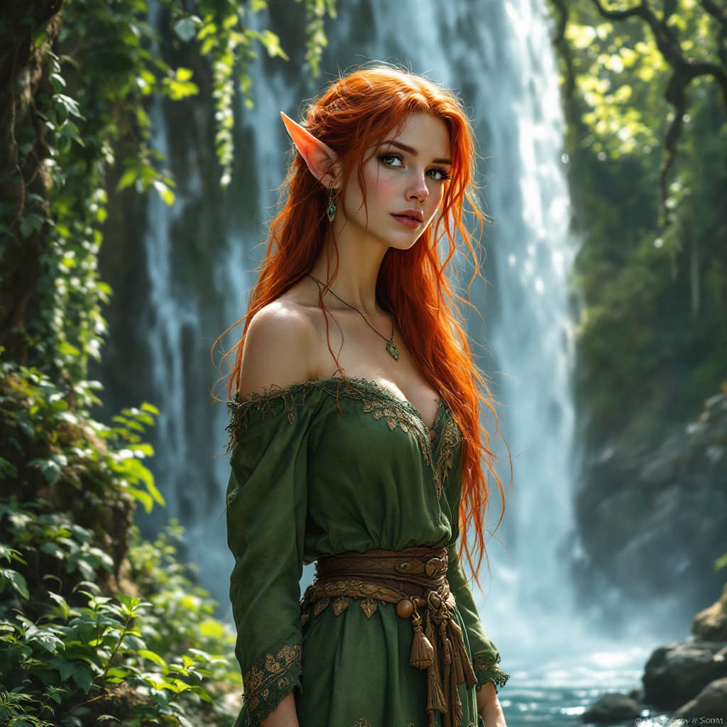 AI generated: Mature Female elf, long red hair, green peasant style dress with bare shoulders,  standing near a wa...