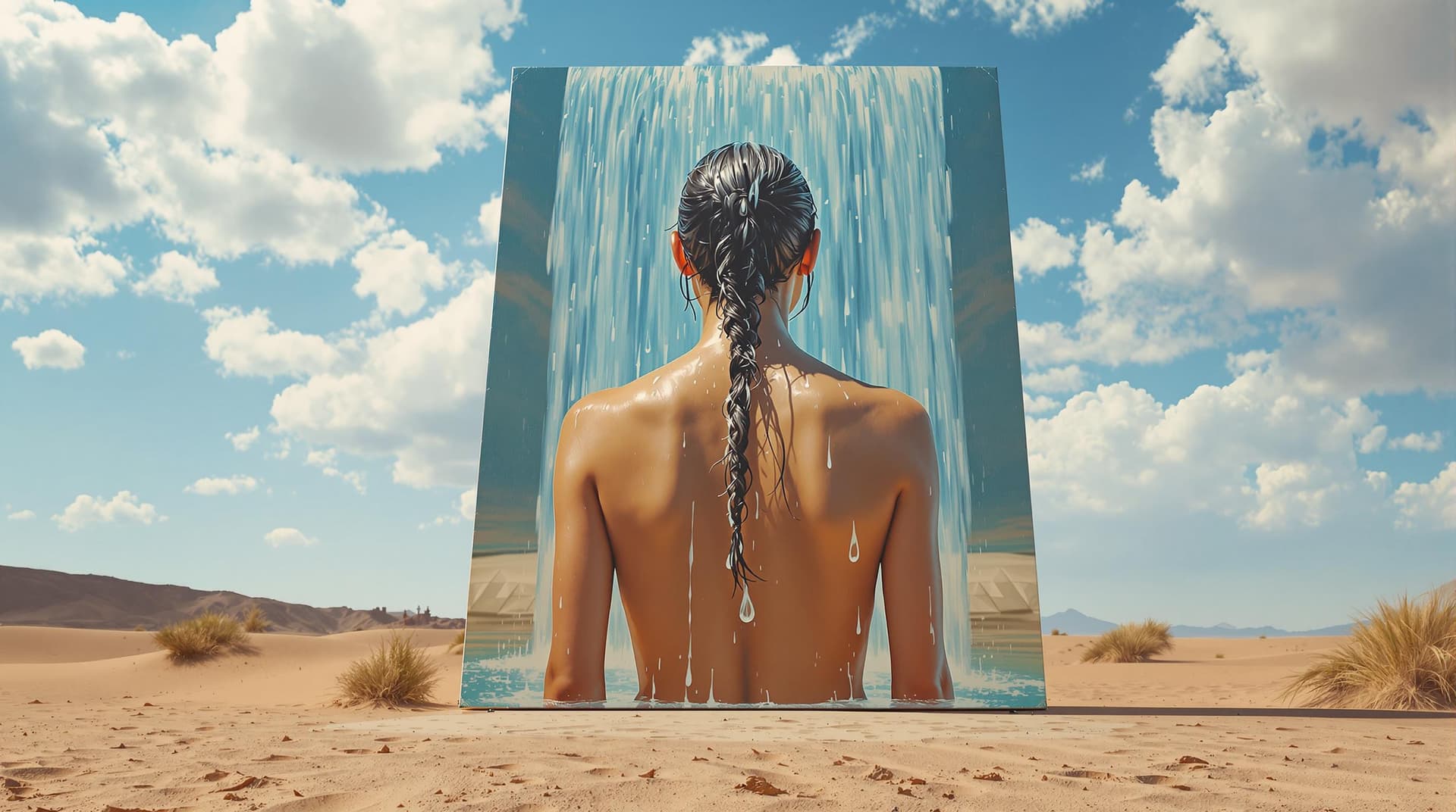 AI generated: surrealism painting 3d scenery, in the middle of the desert, a giant canvas displays a stunningly re...