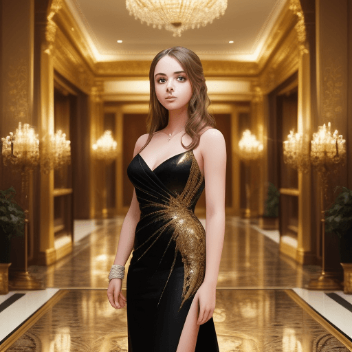 AI generated: an image of a young woman at a formal event, set in an opulent indoor environment