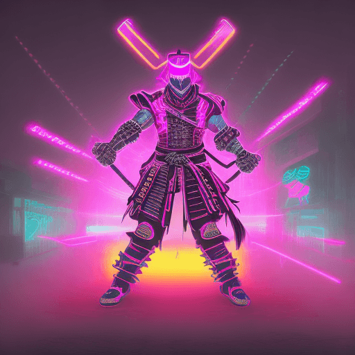 AI generated: neon cyber Samurai, in the style of volumetric lighting, twisted sense of humor, royalcore, metalcor...