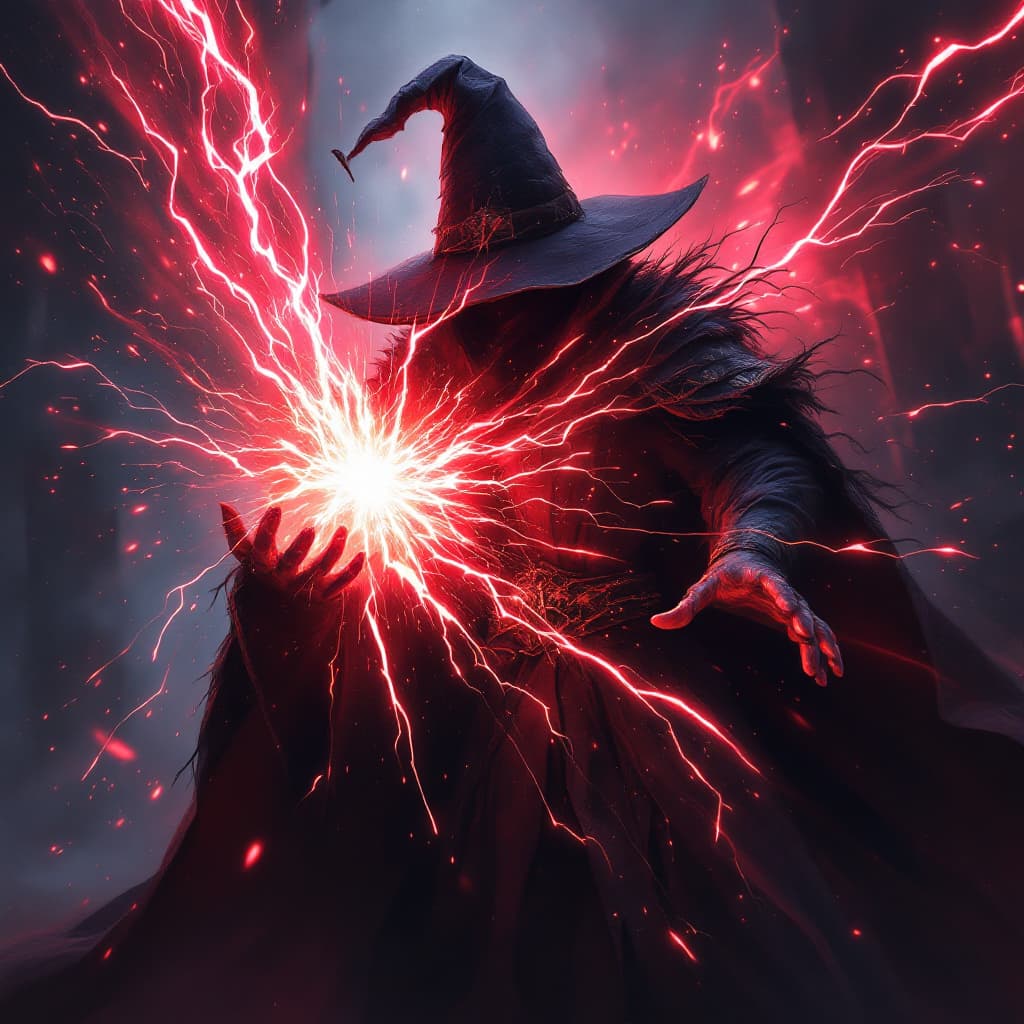 AI generated: a wizard casting eldrich blast, a 3 red beam