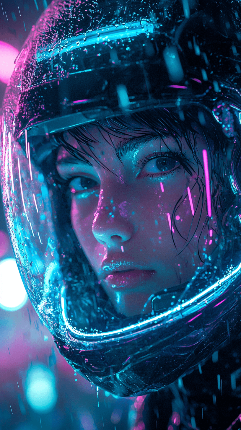 AI generated: A close-up portrait of a woman wearing a cyberpunk helmet, featuring a transparent visor that fully ...