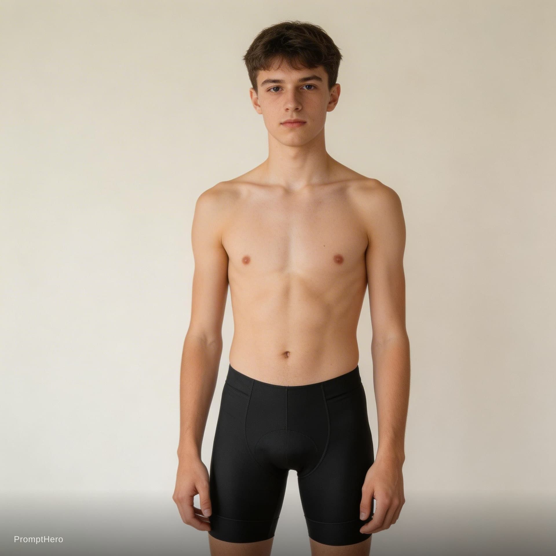 AI generated: 1twink boy, 18yo , 
shirtless , black cycling shorts , no bike, no cycle, front view  
